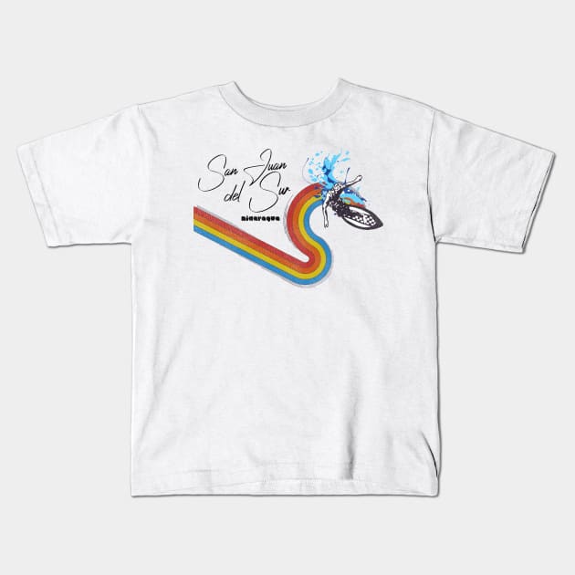 Retro 70s/80s Style Rainbow Surfing Wave Nicaragua Kids T-Shirt by darklordpug